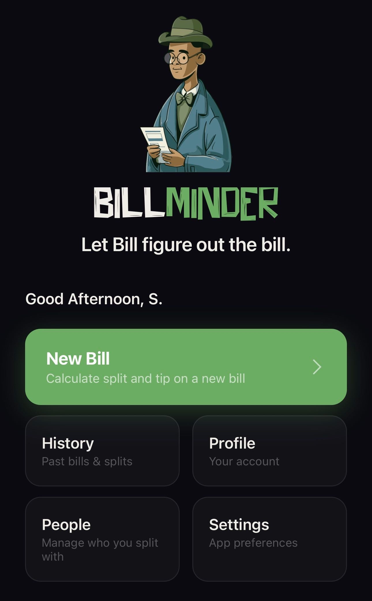 Bill Minder app showing a split bill summary