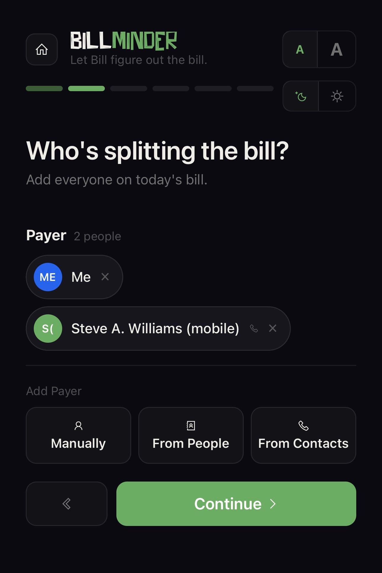 Bill Minder contacts and group screen